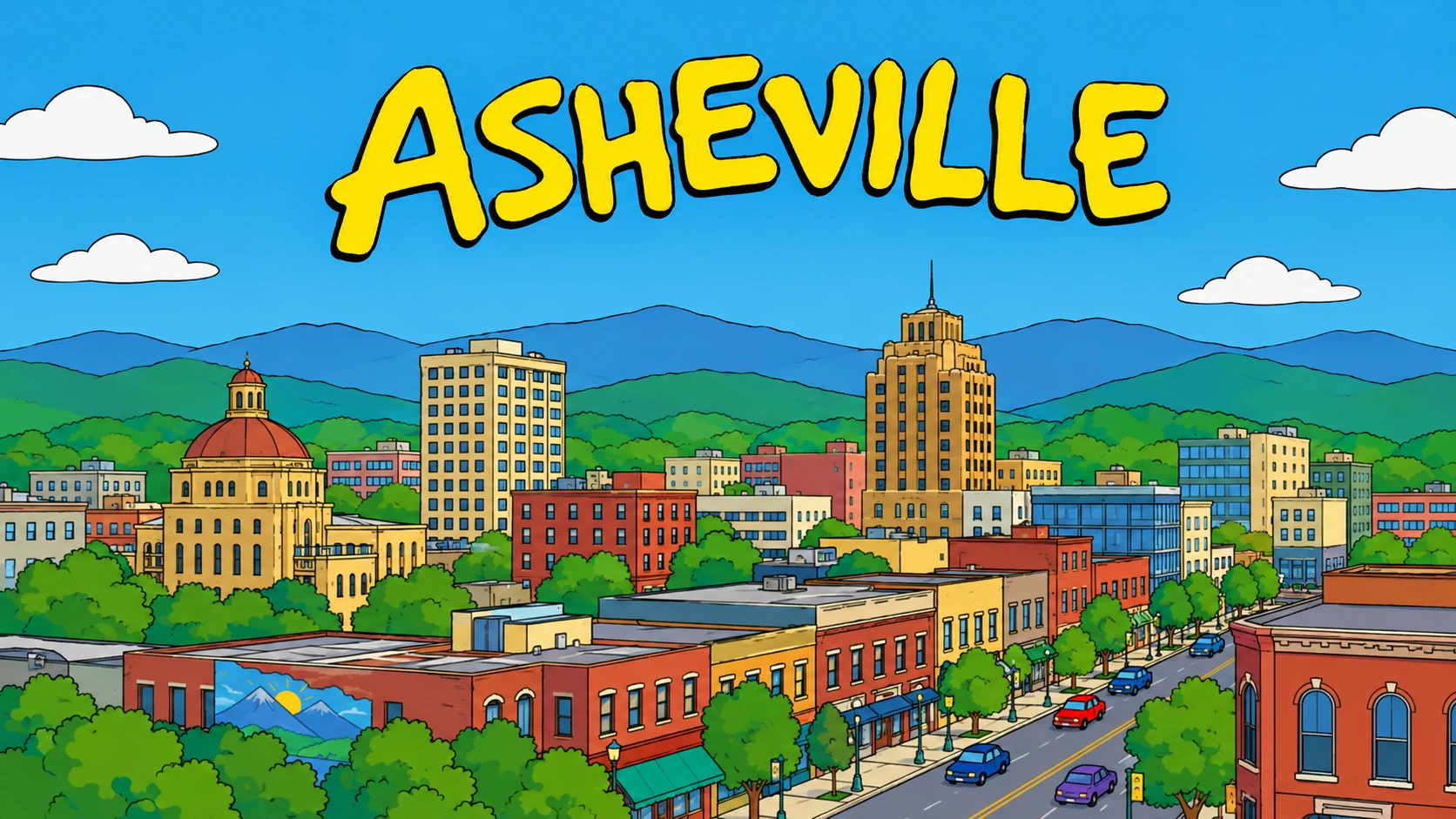 Bright cartoon skyline of downtown Asheville against the Blue Ridge, with Asheville in yellow lettering.