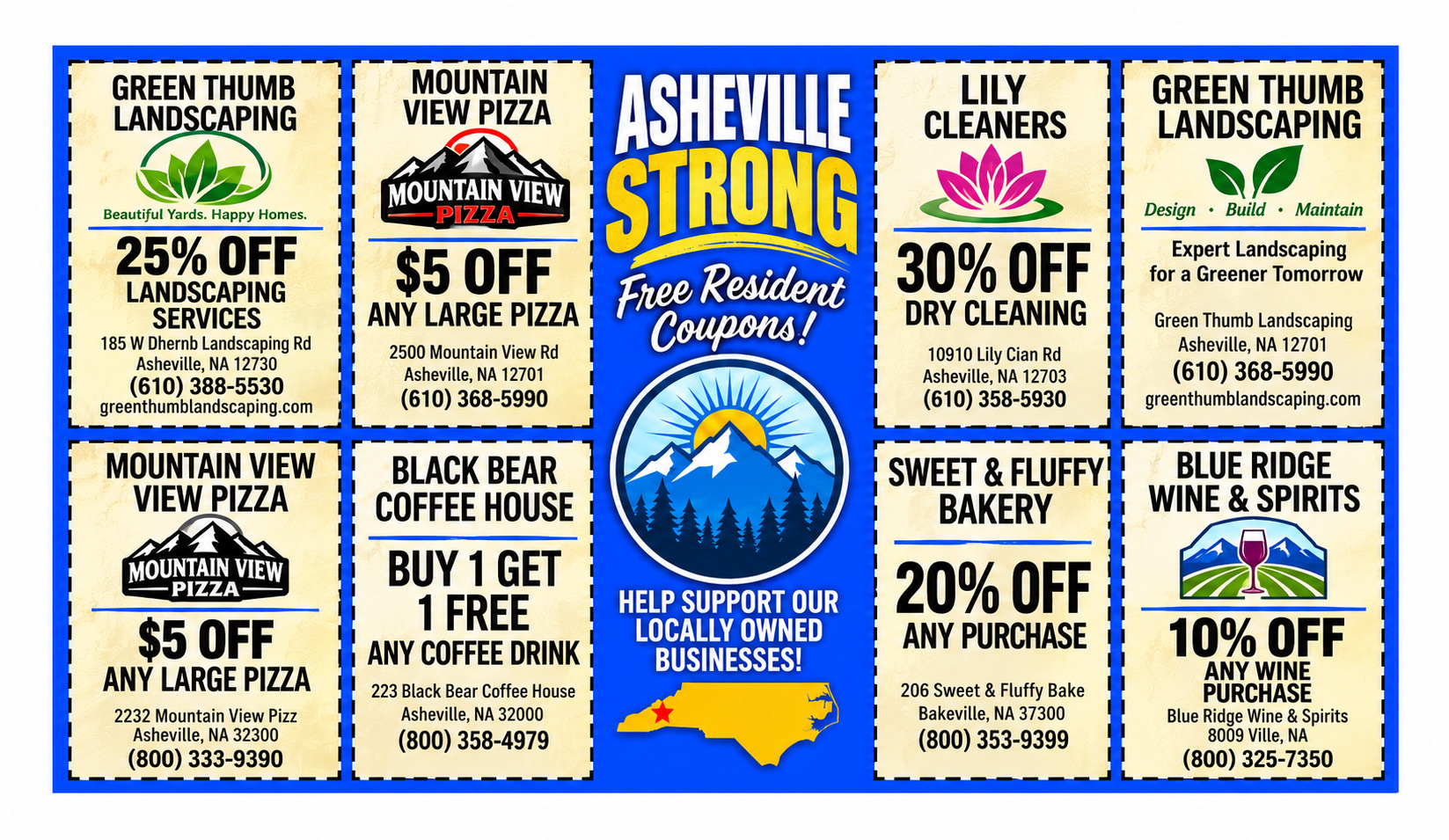 Asheville Strong co-op postcard preview with spaces for local business coupons