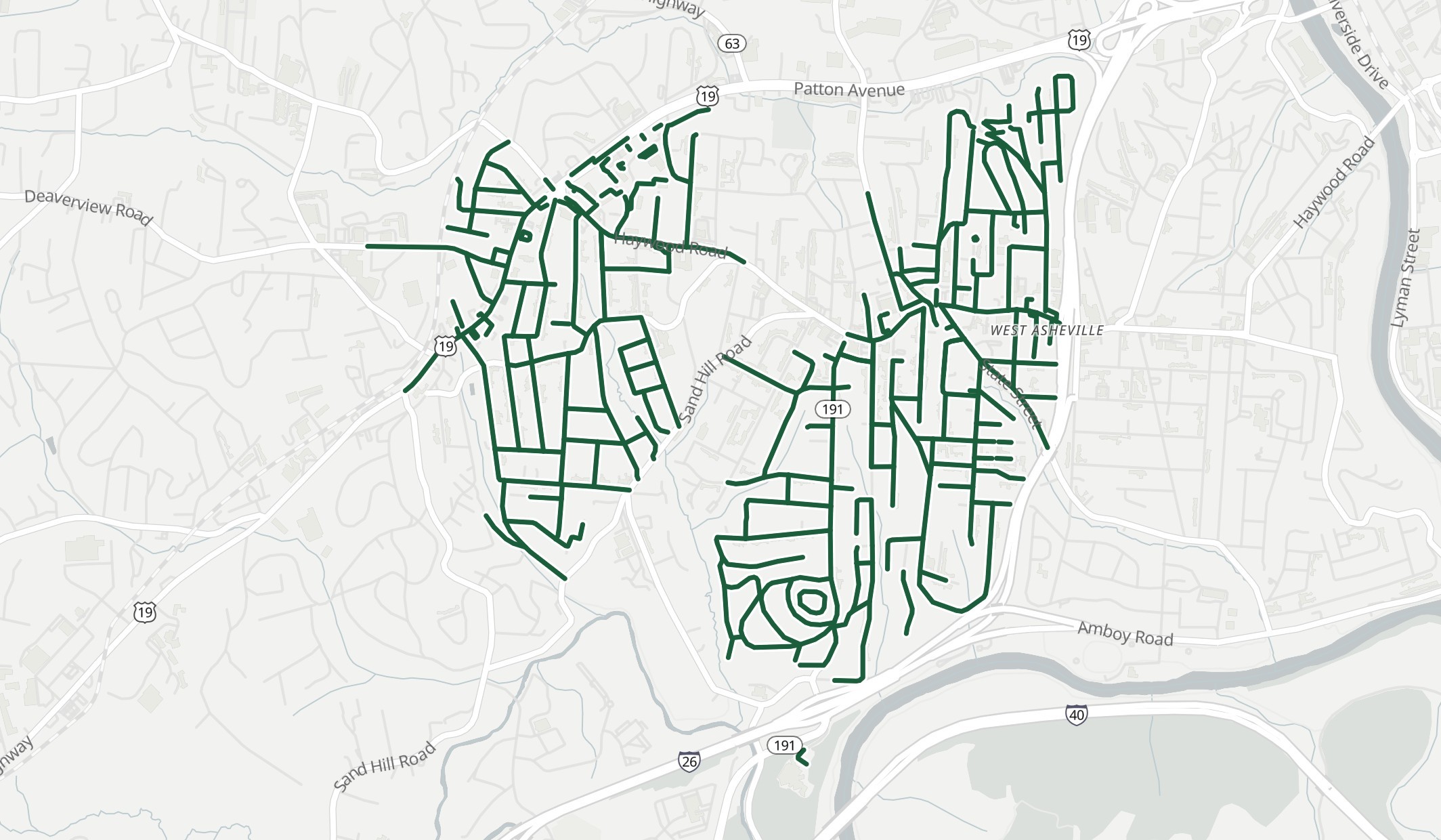 Map of the selected Asheville ZIP Code 28806 carrier routes, outlined in green.